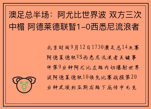 澳足总半场：阿尤比世界波 双方三次中楣 阿德莱德联暂1-0西悉尼流浪者