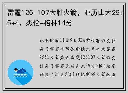 雷霆126-107大胜火箭，亚历山大29+5+4，杰伦-格林14分